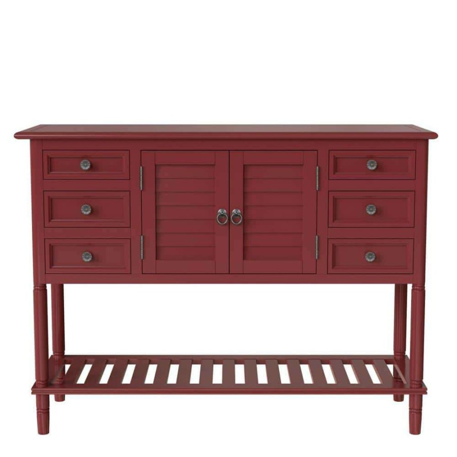 Living Room Furniture * | 45 In. Red Modern Rectangle Solid Wood Console Table For Living Room With 6-Drawers, 1-Cabinets And 1-Shelf By Huluwat