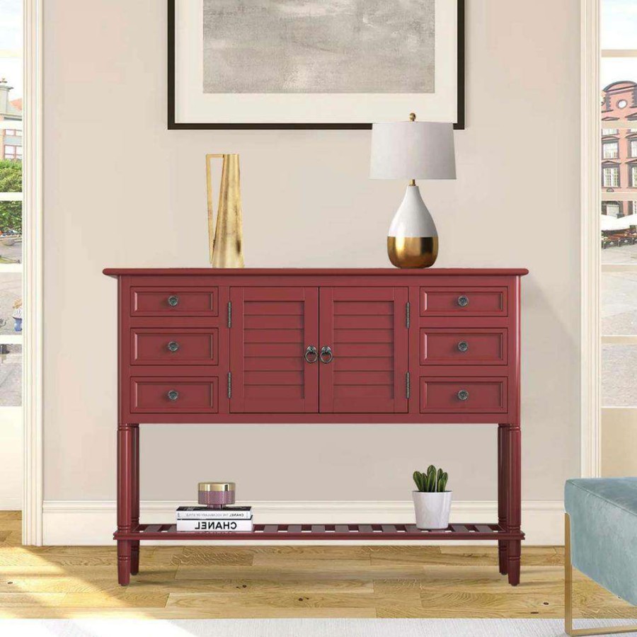 Living Room Furniture * | 45 In. Red Modern Rectangle Solid Wood Console Table For Living Room With 6-Drawers, 1-Cabinets And 1-Shelf By Huluwat