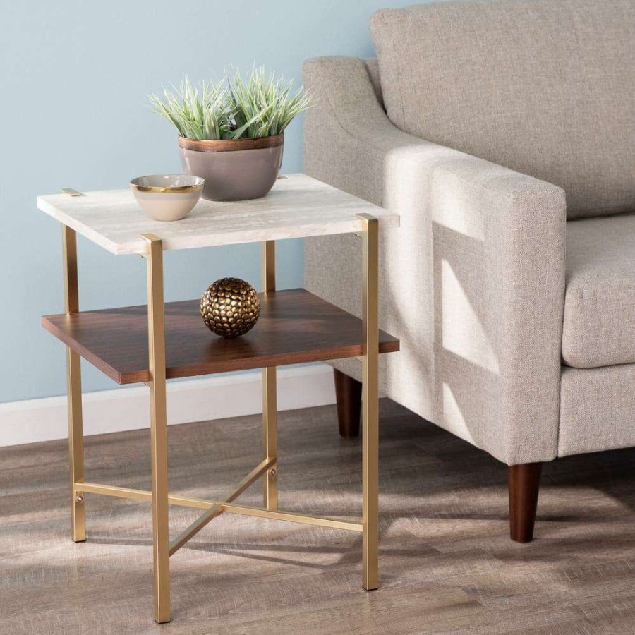 Living Room Furniture * | Ballia Brass And Dark Tobacco With White Faux Travertine Square Storage End Table By Southern Enterprises