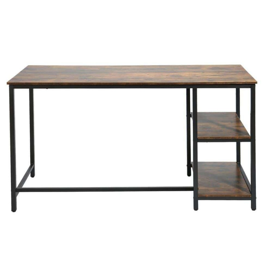 Home Office Furniture * | 55 In. Rectangular Brown Mdf Finish No Drawer Computer Desk With Storage Shelves By Huluwat