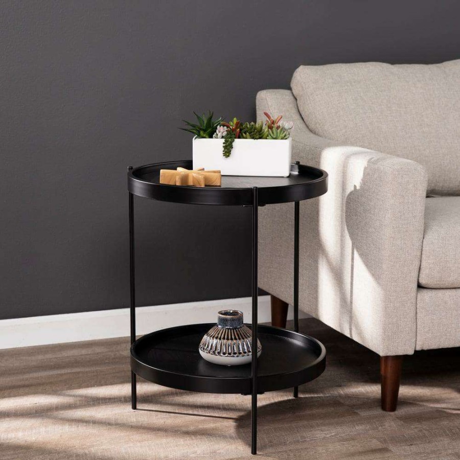 Living Room Furniture * | Garcia Black Round Farmhouse Style End Table By Southern Enterprises