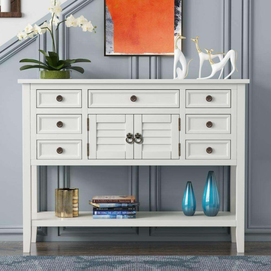 Living Room Furniture * | 45 In. White Modern Rectangle Wood Console Table For Living Room With 7-Drawers, 1 Cabinet And 1 Shelf By Huluwat