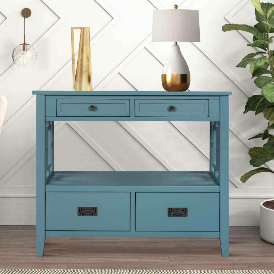 Living Room Furniture * | 36 In. Light Blue Modern Rectangle Solid Wood Console Table For Living Room With 4-Drawers And 1-Shelf By Huluwat