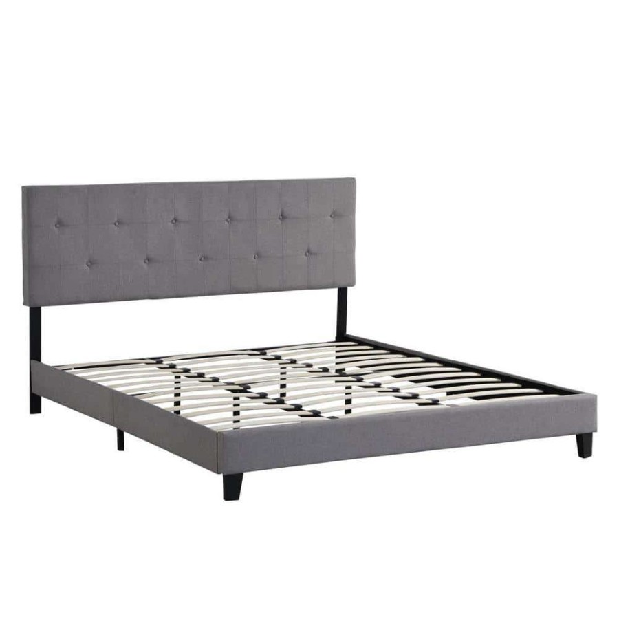 Bedroom Furniture * | Gray King Size Upholstered Platform Bed Frame With Button Tufted Linen Fabric Headboard And Wood Slat Support By Huluwat