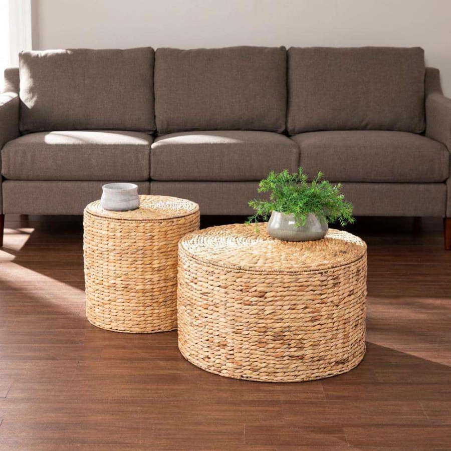 Living Room Furniture * | Freedrick 14 In. Round Water Hyacinth Storage Tables 2Pc Set By Southern Enterprises