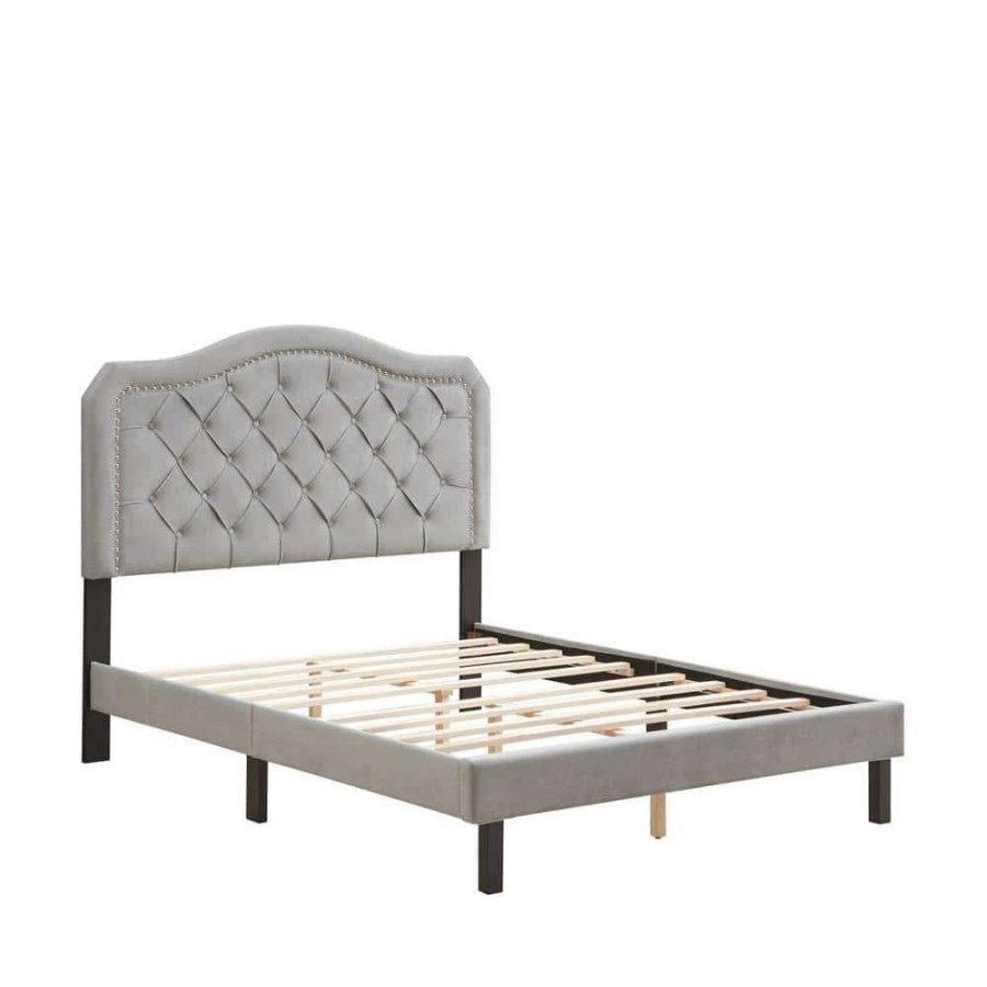 Bedroom Furniture * | Gray Queen Size Velvet Upholstered Platform Bed Frame With Curve Design And Strong Wood Slat Support By Huluwat