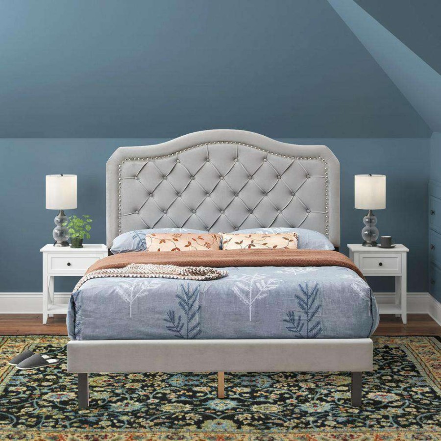 Bedroom Furniture * | Gray Queen Size Velvet Upholstered Platform Bed Frame With Curve Design And Strong Wood Slat Support By Huluwat