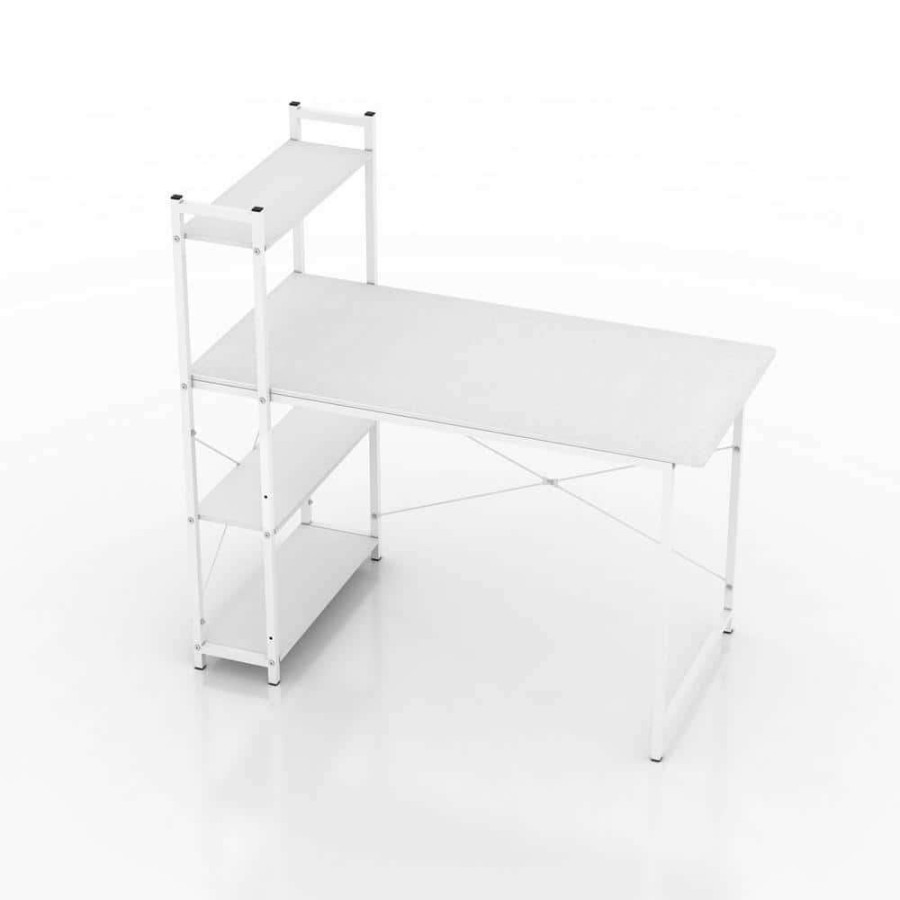 Home Office Furniture * | 47 In. Rectangular White Particleboard No Drawer Computer Desk With 3-Layer Bookshelf By Huluwat