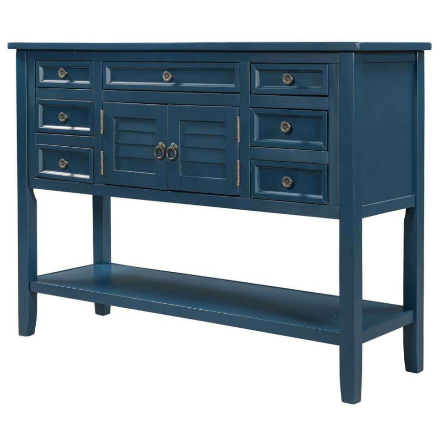 Living Room Furniture * | 45.3 In. Navy Blue Rectangle Mdf Console Table With Drawers By Huluwat