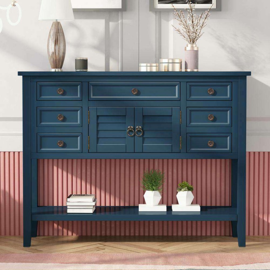 Living Room Furniture * | 45.3 In. Navy Blue Rectangle Mdf Console Table With Drawers By Huluwat