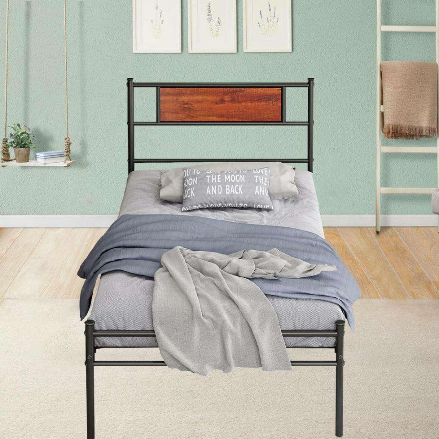 Bedroom Furniture * | 77.2 In. L X 35.91 In. W Brown Particleboard And Metal Simple Plank Bed By Huluwat