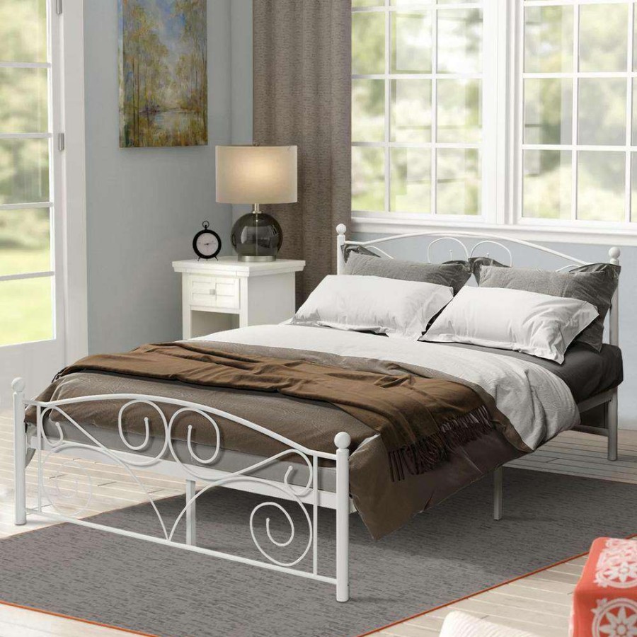 Bedroom Furniture * | White Full Size Metal Platform Bed Frame By Huluwat