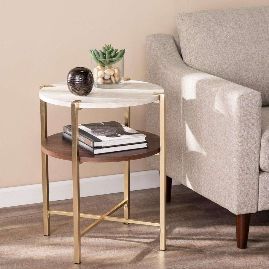 Living Room Furniture * | Ballia Brass And Dark Tobacco With White Faux Travertine Round End Table By Southern Enterprises