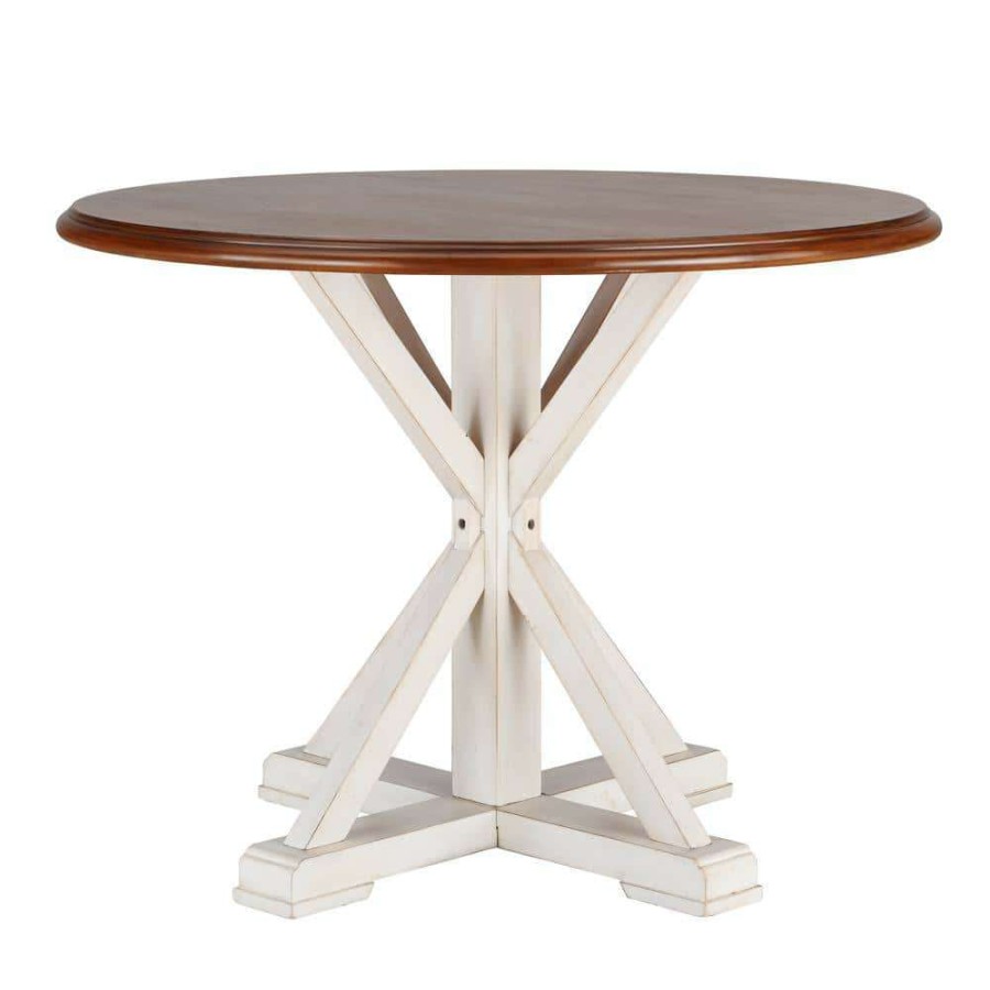 Kitchen & Dining Room Furniture * | Veda 41 In. Round Antique White With Whiskey Maple Mdf Top 4 Person Farmhouse Dining Table By Southern Enterprises