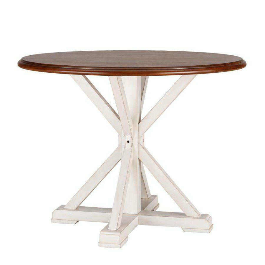 Kitchen & Dining Room Furniture * | Veda 41 In. Round Antique White With Whiskey Maple Mdf Top 4 Person Farmhouse Dining Table By Southern Enterprises