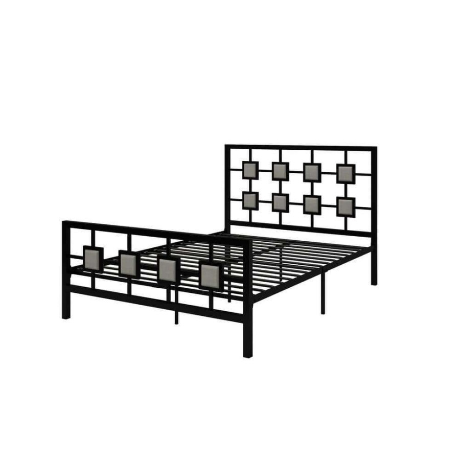 Bedroom Furniture * | Black Metal Bed Frame Full Size Platform No Box Spring Needed With Square Design Headboard And Footboard By Huluwat