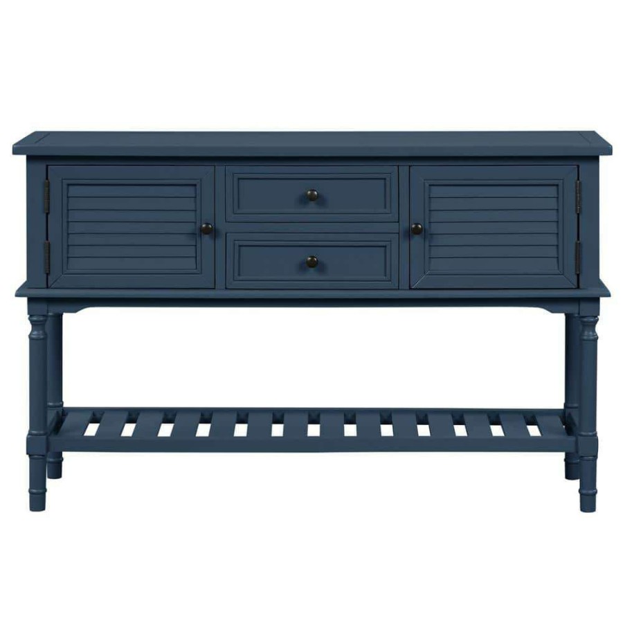 Living Room Furniture * | 47 In. Navy Blue Modern Rectangle Wood Console Table For Living Room With 2-Drawers, 2-Cabinets And 1-Shelf By Huluwat