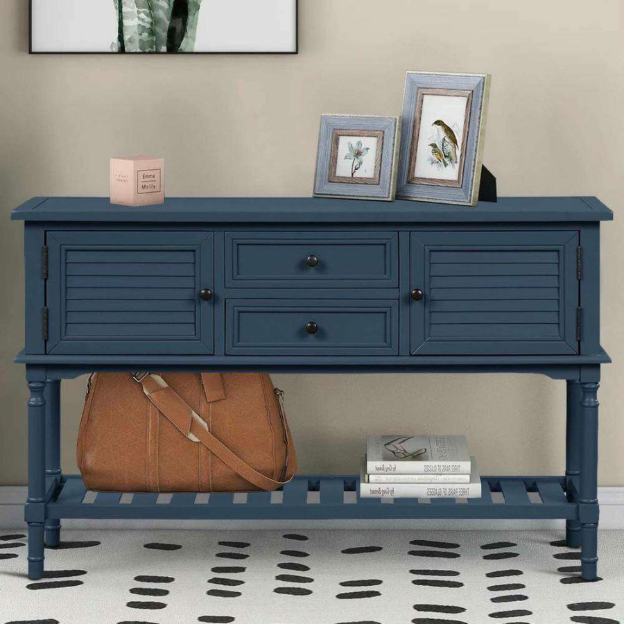 Living Room Furniture * | 47 In. Navy Blue Modern Rectangle Wood Console Table For Living Room With 2-Drawers, 2-Cabinets And 1-Shelf By Huluwat