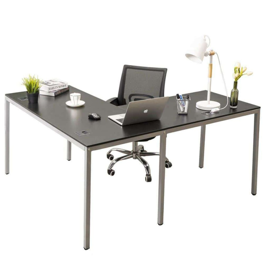 Home Office Furniture * | 60 L-Shaped Black Manufactured Wood No Drawer Computer Desk By Huluwat