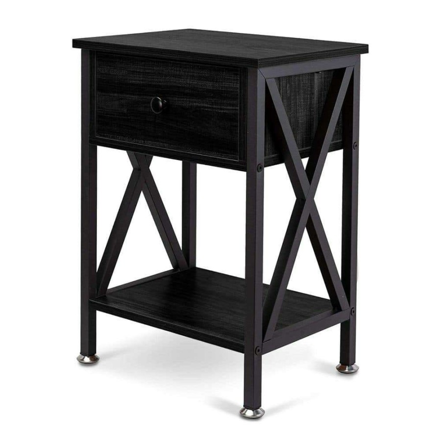 Bedroom Furniture * | Drawer Black Nightstand With Open Storage Shelves For Bedroom Living Room By Huluwat