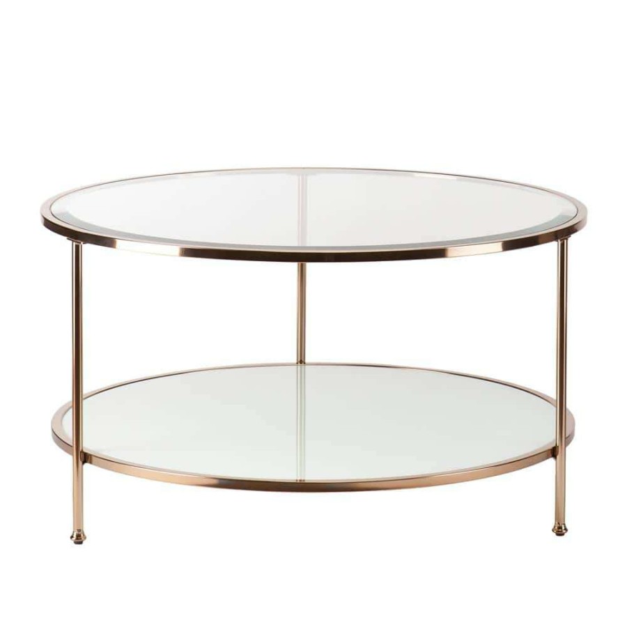 Living Room Furniture * | Cherlize 34 In. Metallic Gold/White Medium Oval Glass Coffee Table With Shelf By Southern Enterprises