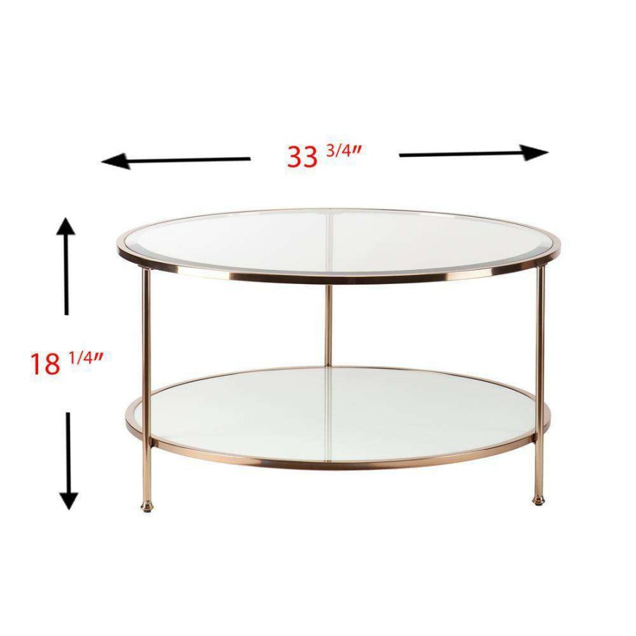 Living Room Furniture * | Cherlize 34 In. Metallic Gold/White Medium Oval Glass Coffee Table With Shelf By Southern Enterprises