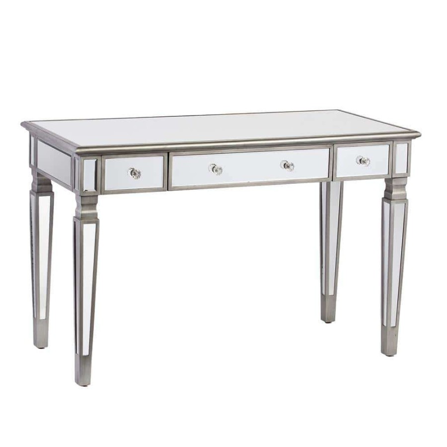 Home Office Furniture * | 48 In. Brushed Silver Rectangular 3 -Drawer Writing Desk With Keyboard Tray By Southern Enterprises