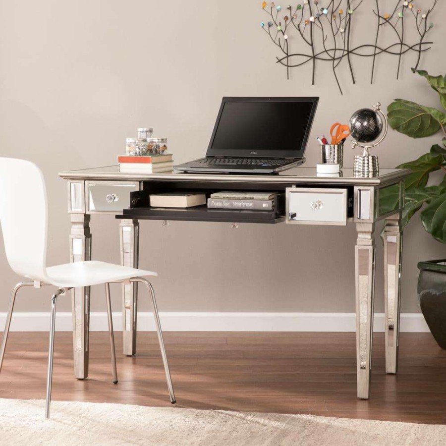 Home Office Furniture * | 48 In. Brushed Silver Rectangular 3 -Drawer Writing Desk With Keyboard Tray By Southern Enterprises