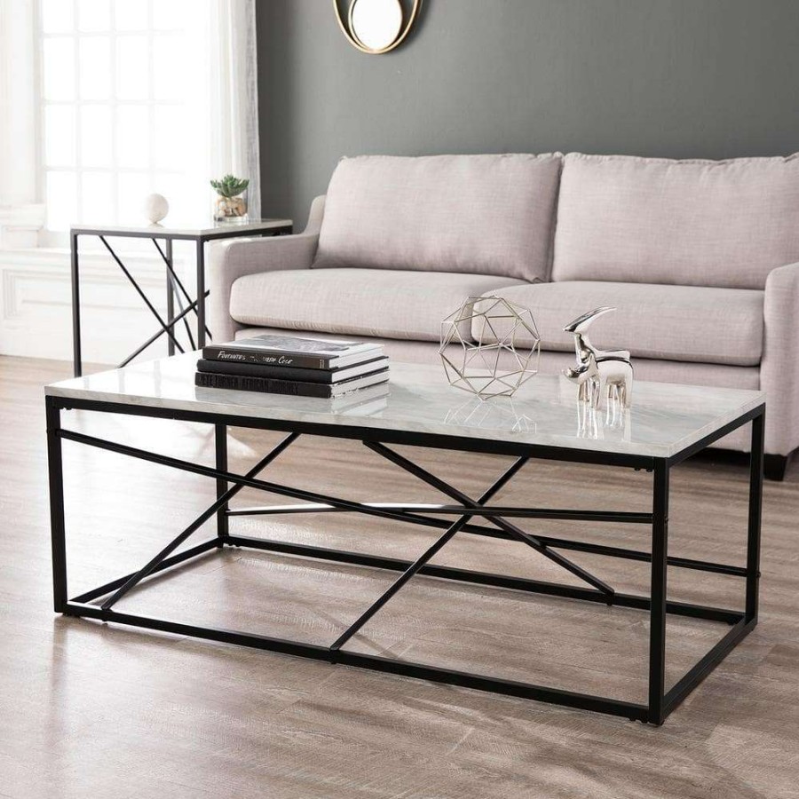 Living Room Furniture * | Salla 50 In. Black/White Large Rectangle Stone Coffee Table By Southern Enterprises