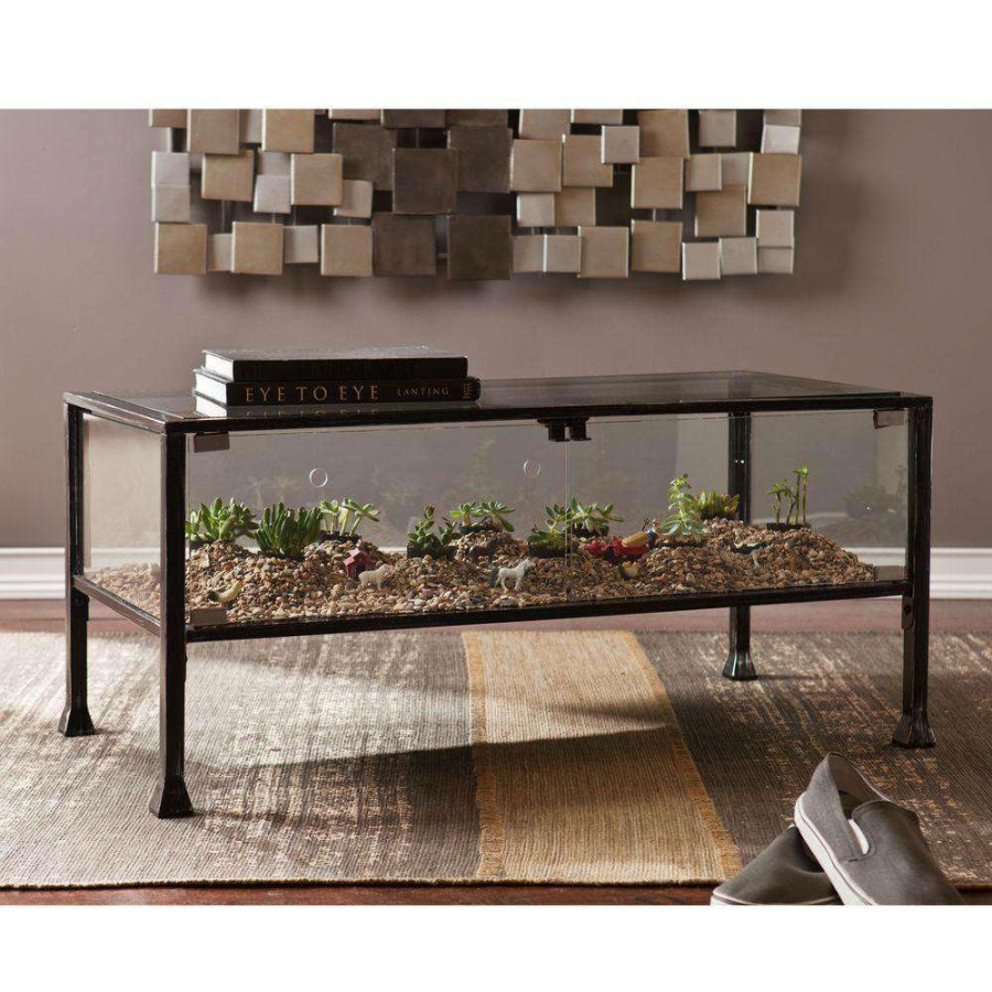 Living Room Furniture * | 43 In. Black/Clear Large Rectangle Glass Coffee Table With Shelf By Southern Enterprises