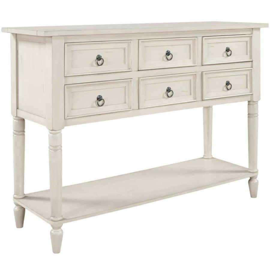 Living Room Furniture * | 46 In. Antique White Modern Rectangle Wood Console Table With 6-Drawers And 1 Shelf By Huluwat