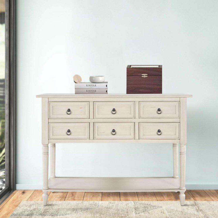 Living Room Furniture * | 46 In. Antique White Modern Rectangle Wood Console Table With 6-Drawers And 1 Shelf By Huluwat