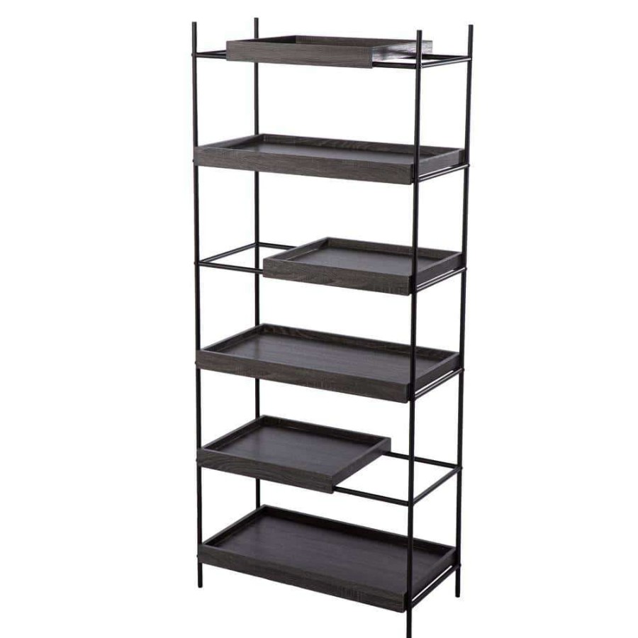 Home Office Furniture * | Drysdale 72 In. Wood Black 6-Shelf Etagere Bookcase With Sliding Shelves By Southern Enterprises