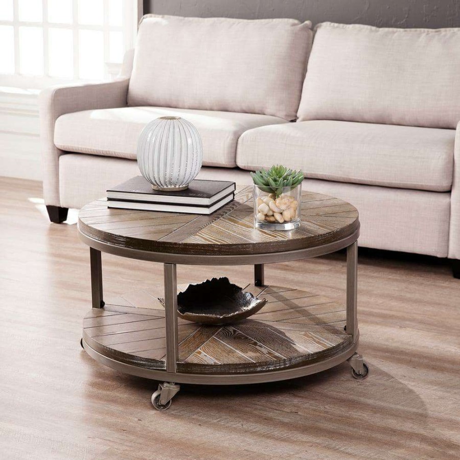 Living Room Furniture * | Stilson 32 In. Distressed Gray/White-Limed Burnt Oak Medium Round Wood Coffee Table With Casters By Southern Enterprises