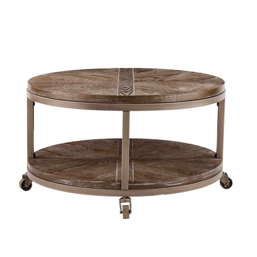 Living Room Furniture * | Stilson 32 In. Distressed Gray/White-Limed Burnt Oak Medium Round Wood Coffee Table With Casters By Southern Enterprises