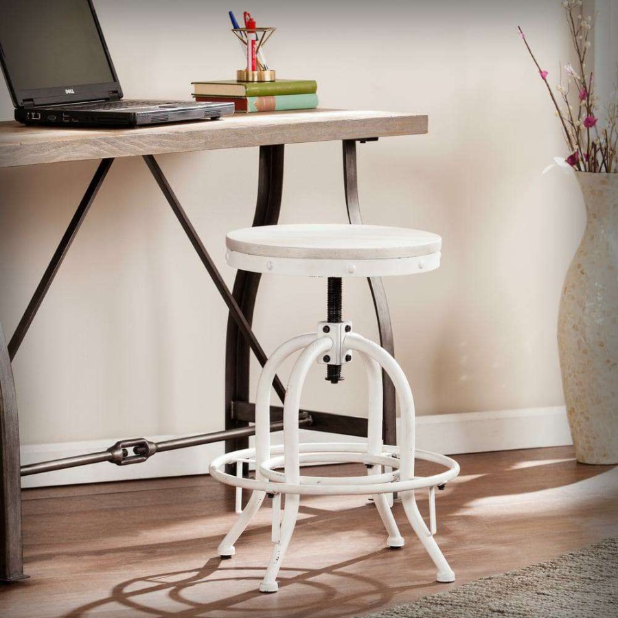 Bedroom Furniture * | Genna 24 In. White Industrial Adjustable Height Swiveling Stool By Southern Enterprises