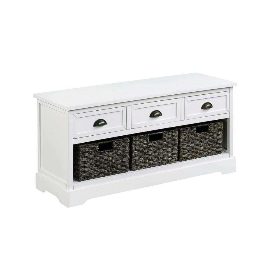 Kitchen & Dining Room Furniture * | White Homes Collection Wood Storage Bench With 3-Drawers And 3-Woven Baskets (19.5 In. H X 41.9 In. W X 15.2 In. D) By Huluwat