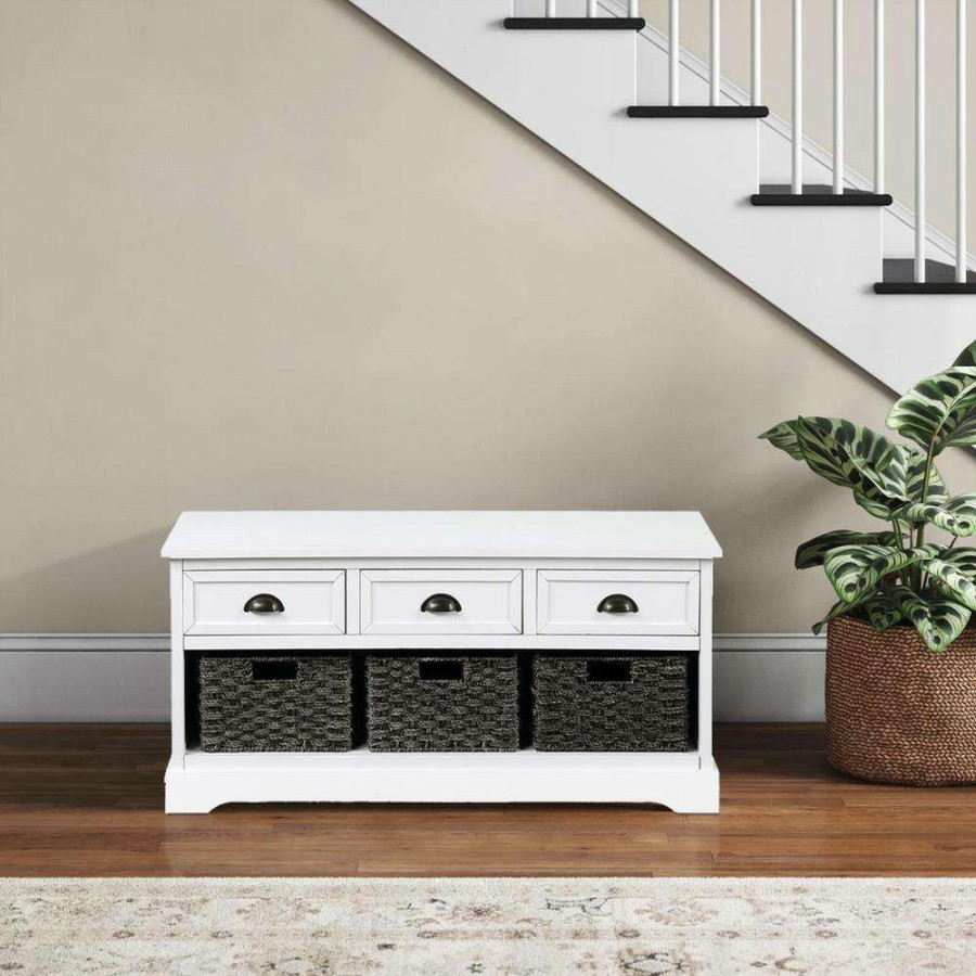 Kitchen & Dining Room Furniture * | White Homes Collection Wood Storage Bench With 3-Drawers And 3-Woven Baskets (19.5 In. H X 41.9 In. W X 15.2 In. D) By Huluwat