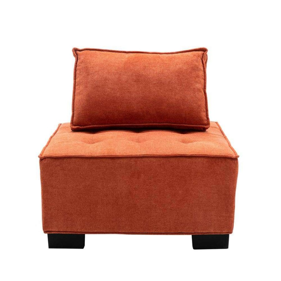 Living Room Furniture * | Modern Square Orange Ottoman Sofa Chair With Rubber Wood Legs, Thick Backrest And Pillow By Huluwat