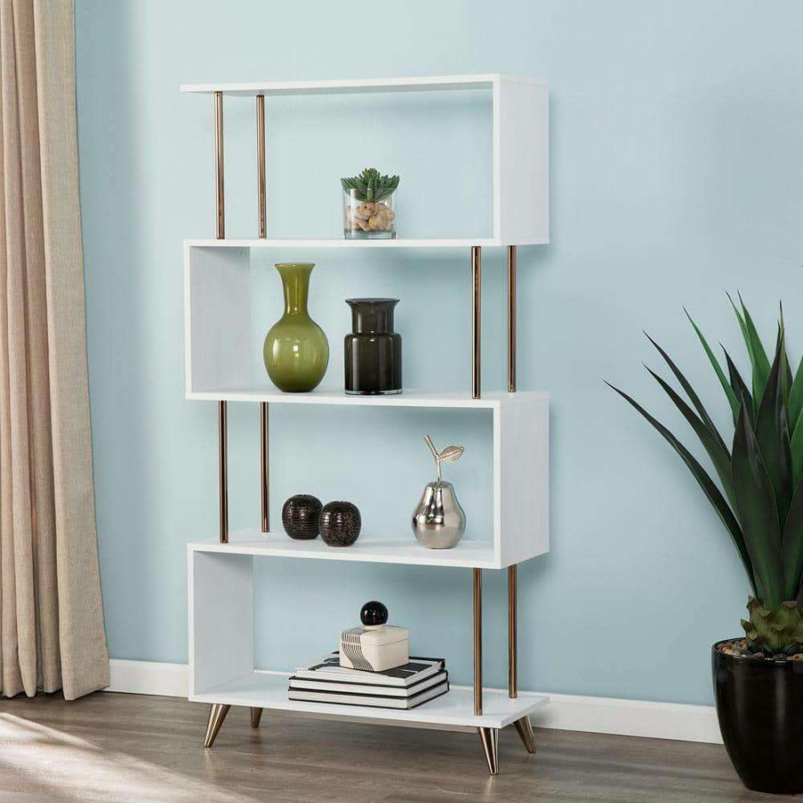 Home Office Furniture * | Ellan White And Champagne Asymmetrical Etagere By Southern Enterprises