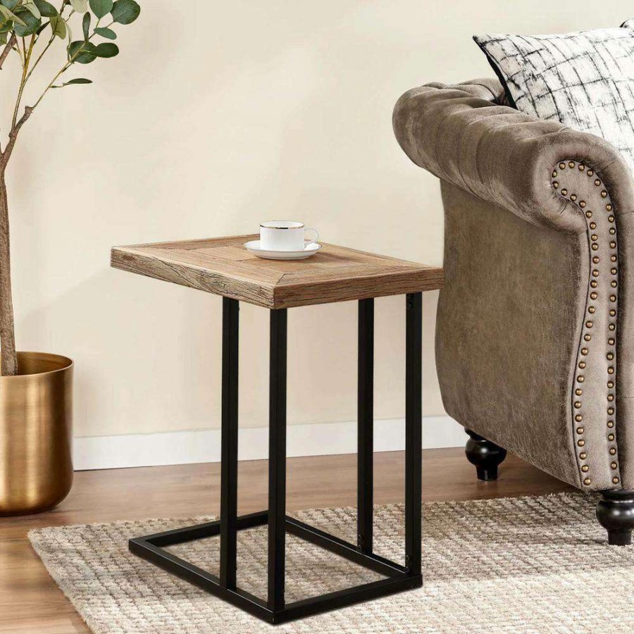 Living Room Furniture * | 13.78 In. Brown C-Shaped Wood End Table With Metal Frame By Huluwat