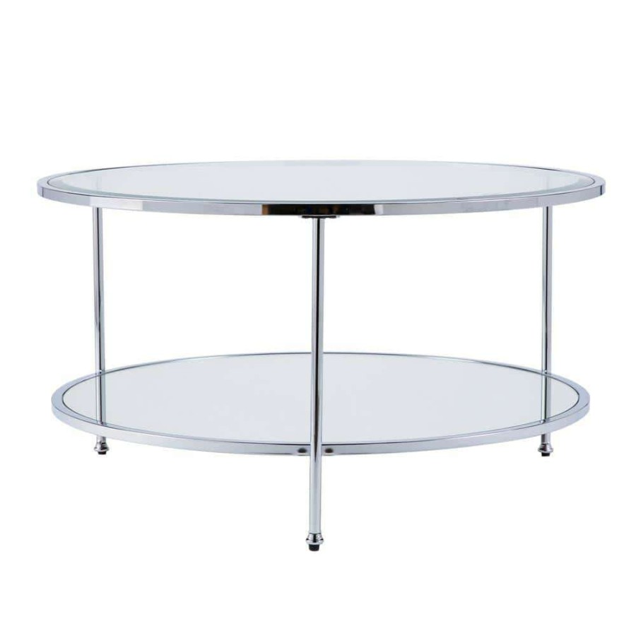 Living Room Furniture * | Cillian 34 In. Chrome Medium Round Glass Coffee Table With Shelf By Southern Enterprises