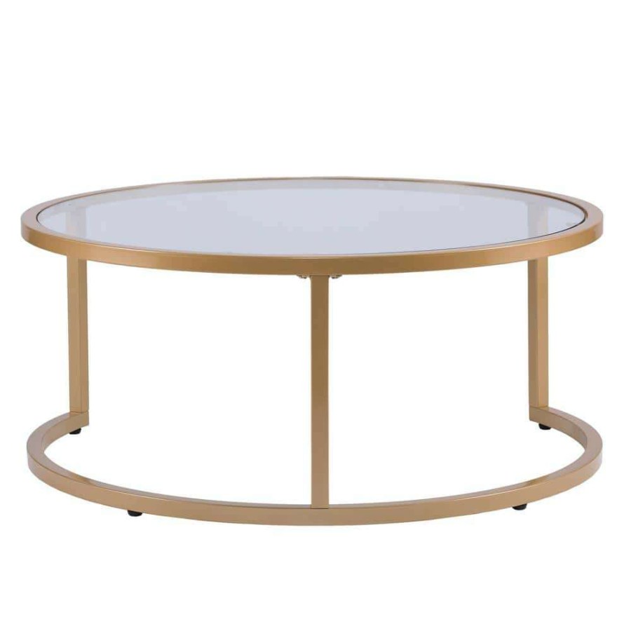 Living Room Furniture * | Narita 36 In. Gold Medium Round Glass Coffee Table With Nesting Tables By Southern Enterprises