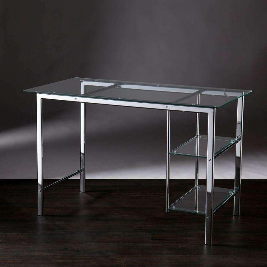 Home Office Furniture * | 47.3 In. Rectangular Chrome/Clear Writing Desks With Glass Top By Southern Enterprises