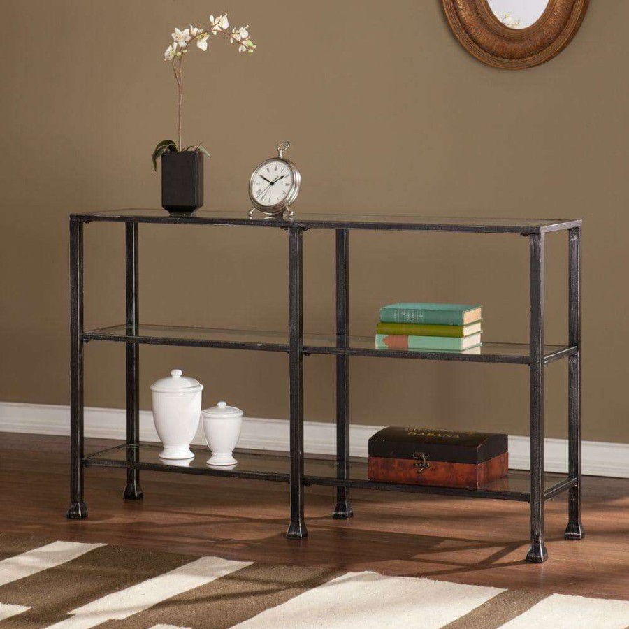 Living Room Furniture * | 49 In. Black Rectangle Glass Console Table With Storage By Southern Enterprises