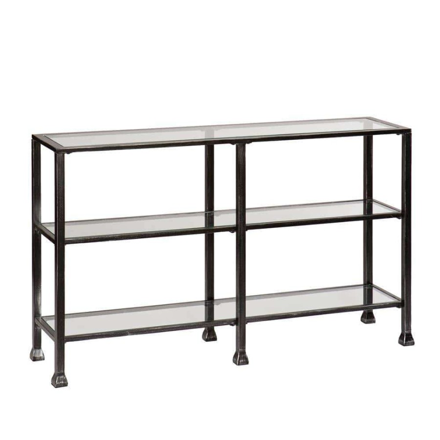 Living Room Furniture * | 49 In. Black Rectangle Glass Console Table With Storage By Southern Enterprises