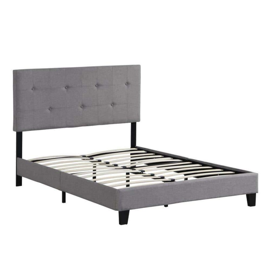 Bedroom Furniture * | Grey Full Size Upholstered Platform Bed Frame With Modern Button Tufted Linen Fabric Headboard And Wood Slat Support By Huluwat