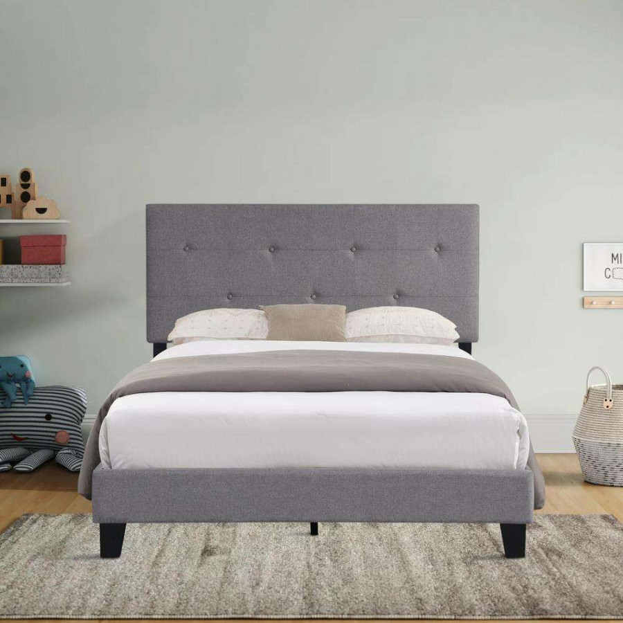 Bedroom Furniture * | Grey Full Size Upholstered Platform Bed Frame With Modern Button Tufted Linen Fabric Headboard And Wood Slat Support By Huluwat