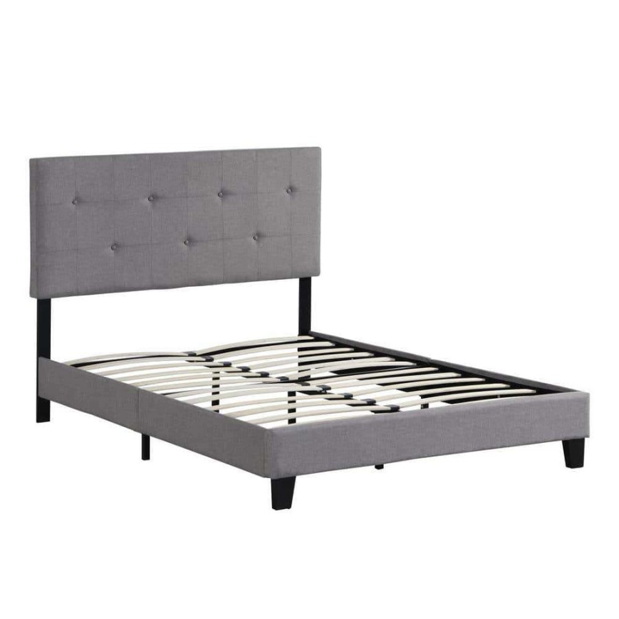 Bedroom Furniture * | Gray Queen Size Upholstered Platform Bed Frame With Button Tufted Linen Fabric Headboard By Huluwat