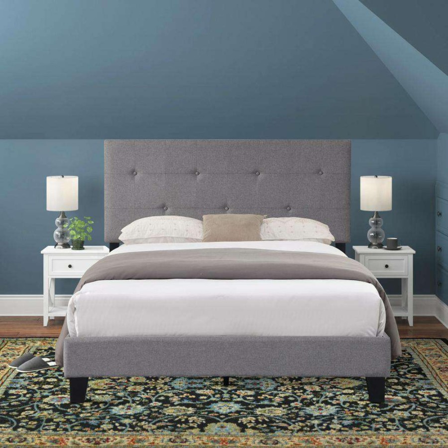 Bedroom Furniture * | Gray Queen Size Upholstered Platform Bed Frame With Button Tufted Linen Fabric Headboard By Huluwat